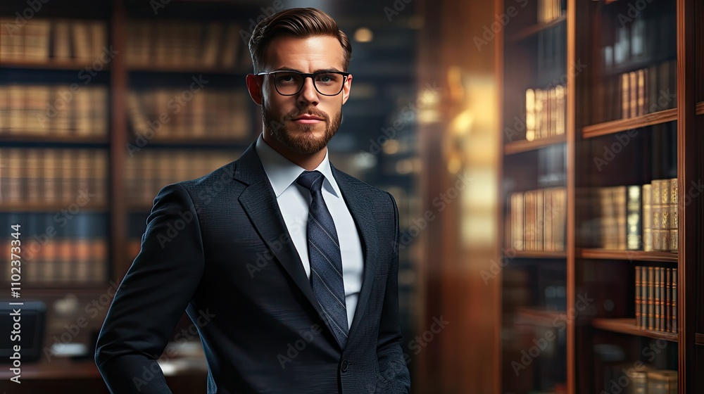 A confident Caucasian man in a suit stands in a library filled with law books, exuding professionalism and poise. A confident Caucasian man in a suit stands in a library filled with law books, exuding professionalism and poise.
