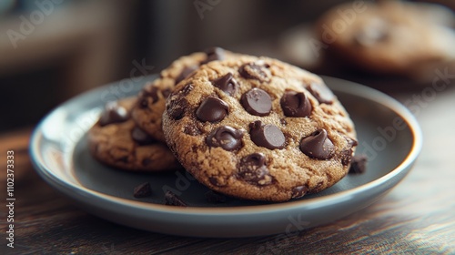 Freshly baked chocolate chip cookies on a rustic plate, invitingly placed on a wooden table.