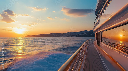 Luxury yacht sailing into golden sunset over tranquil ocean waters