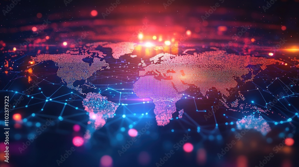 Fototapeta premium A vibrant digital world map showcasing interconnected networks, symbolizing global communication and technology.