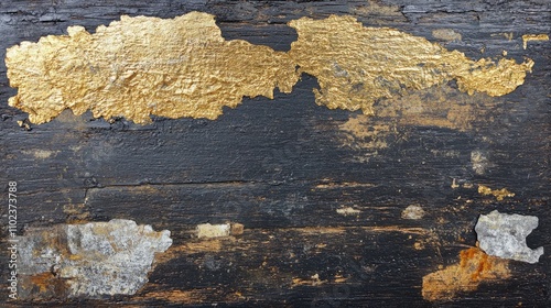 Dark wood texture with gold leaf accents and peeling paint.