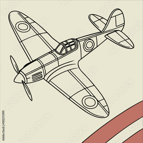 Vintage WWII Fighter Plane Vector Illustration - Black & White EPS.