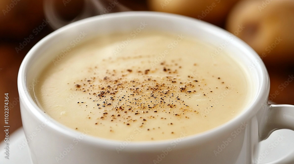 Creamy potato leek soup with cracked pepper in a white cup, captured in soft natural light with a cozy background. Creamy potato leek soup with cracked pepper in a white cup, captured in soft natural light with a cozy background.