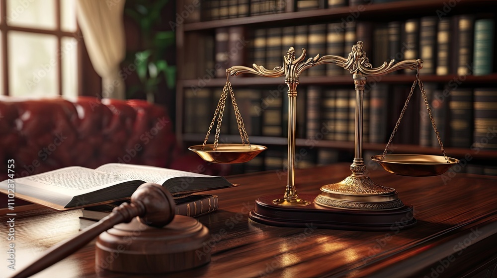 An elegant brass scale of justice alongside a wooden gavel in a well-lit law office setting. An elegant brass scale of justice alongside a wooden gavel in a well-lit law office setting.