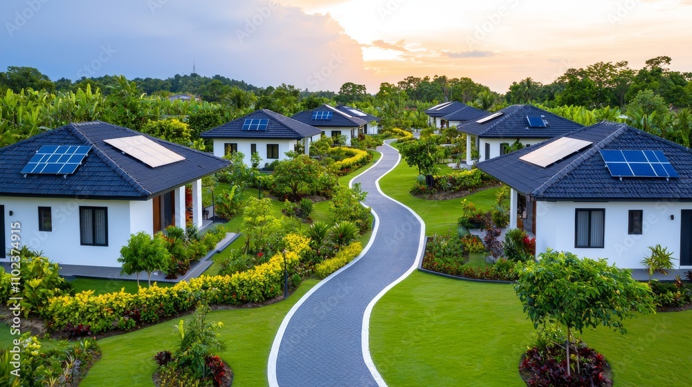 An Stock image of an environmentally friendly neighborhood with lovely houses and solar panels, promoting sustainable living. An Stock image of an environmentally friendly neighborhood with lovely houses and solar panels, promoting sustainable living.