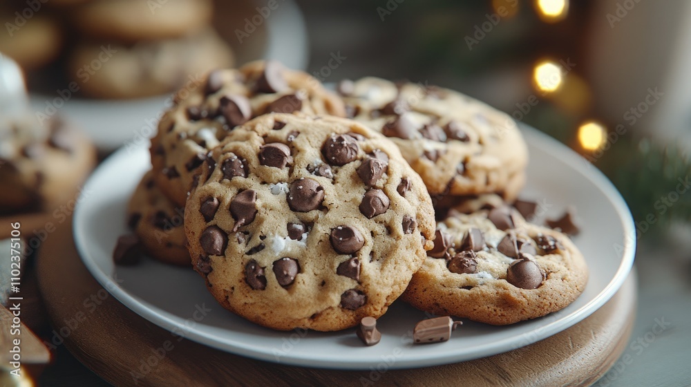 Delicious chocolate chip cookies piled on a white plate, exuding warmth and comfort. Delicious chocolate chip cookies piled on a white plate, exuding warmth and comfort.