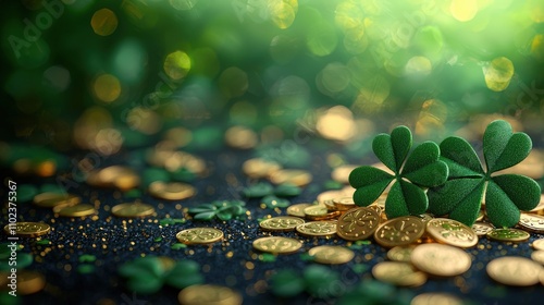 Close-up view of green clover leaves with scattered golden coins on a sparkling, dark green background. Perfect for illustrating themes of fortune, Irish heritage, and prosperity. AI generated. photo