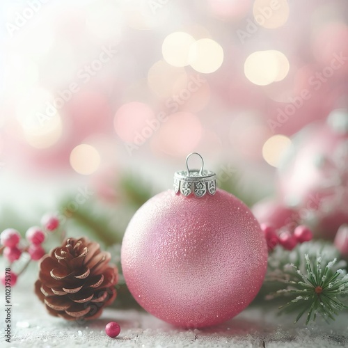 Pink Christmas Ornament - Decorated Christmas Bauble Background with Space for Copy - Christmas Ornament with Christmas Tree - Holiday Diffused Bokeh Wallpaper - Snow, Mistletoe and Presents