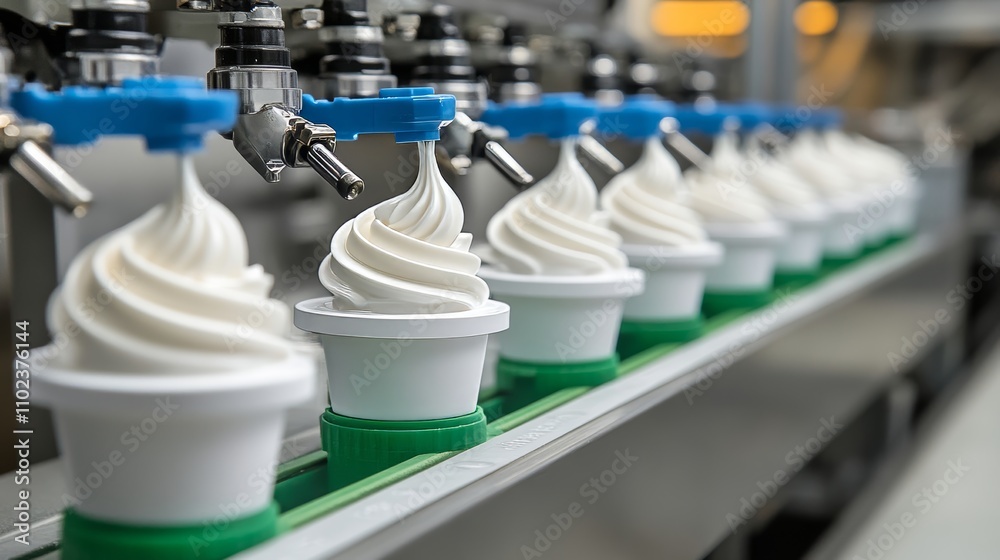 Automated Food Production Line Precision Nozzles Dispensing Whipped Cream, Close Up View Automated Food Production Line Precision Nozzles Dispensing Whipped Cream, Close Up View