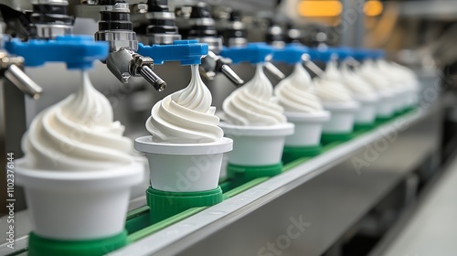 Automated Food Production Line Precision Nozzles Dispensing Whipped Cream, Close Up View