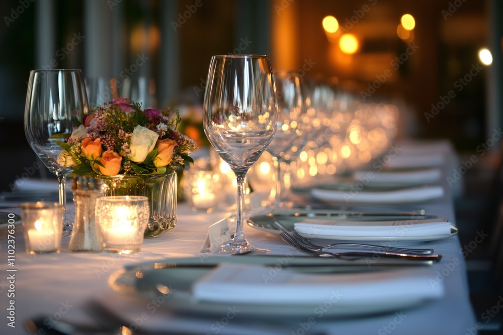 Elegant corporate event venue with sophisticated table settings and ambient lighting, highlighting a professional and upscale atmosphere Elegant corporate event venue with sophisticated table settings and ambient lighting, highlighting a professional and upscale atmosphere