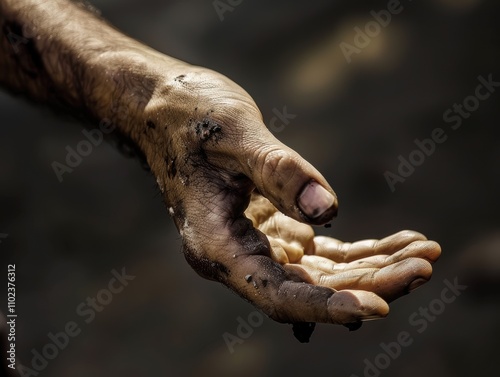 Close-up of an open hand stained with mud and palm up showing a concept of help, support and care