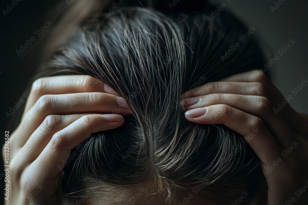 Fototapeta premium Woman's hands parting thinning hair, close-up, neutral color palette