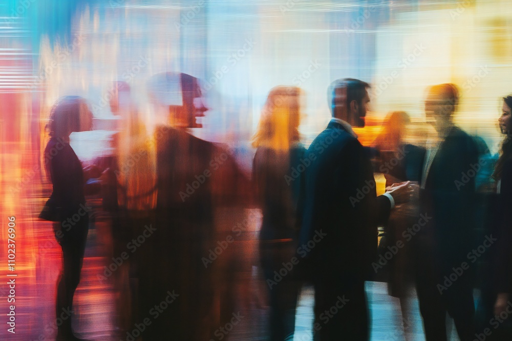 A vibrant networking event with business professionals engaging in conversation, blurred figures creating a sense of motion and activity A vibrant networking event with business professionals engaging in conversation, blurred figures creating a sense of motion and activity