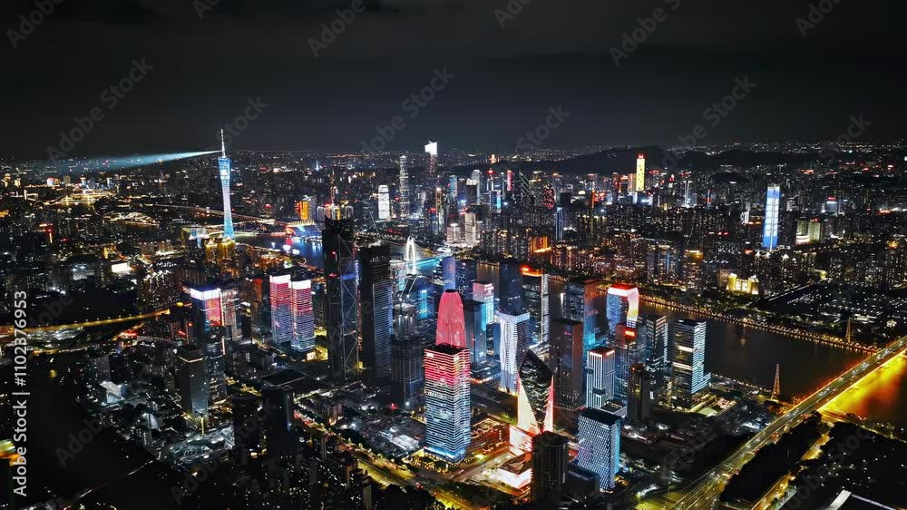 4K aerial video of the night view of the three top cities Guangzhou, Hong Kong, and Shenzhen