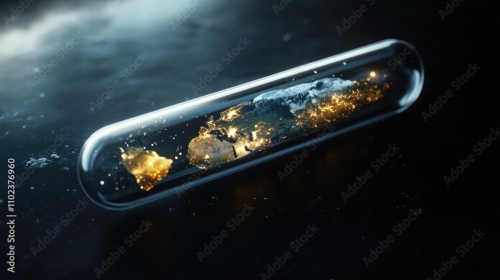 A futuristic glass test tube containing a glowing, miniature representation of a planet's surface. A futuristic glass test tube containing a glowing, miniature representation of a planet's surface.