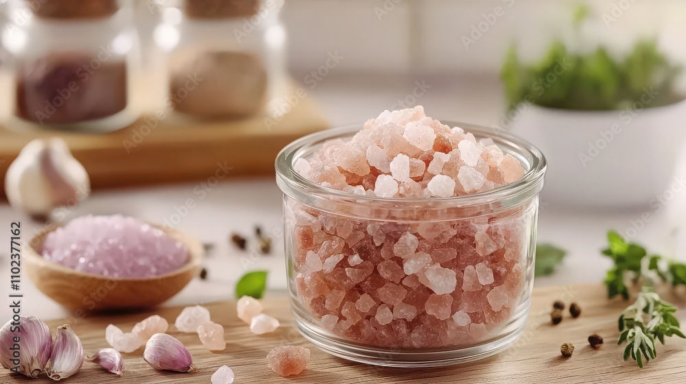 Close-up of vibrant pink Himalayan salt crystals in a cozy kitchen setting Close-up of vibrant pink Himalayan salt crystals in a cozy kitchen setting