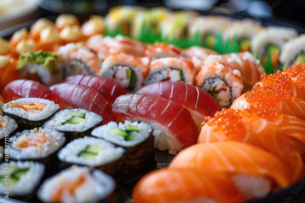 Sushi and roll close-up. Red fish with rice and sesame. Japanese oriental cuisine