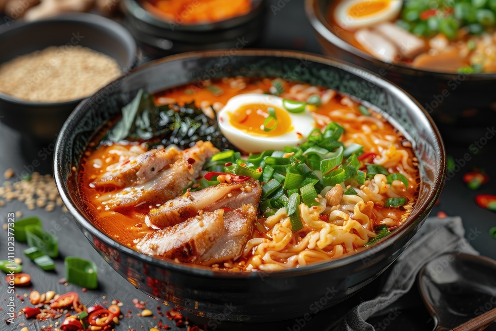 Ramen soup top view. Soup with noodles, meat and boiled egg. Asian cuisine Ramen soup top view. Soup with noodles, meat and boiled egg. Asian cuisine