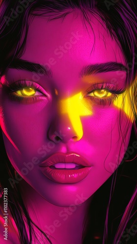 Vivid Portrait of a Young Woman Illuminated by Bright Pink and Yellow Lighting Against a Dark Background