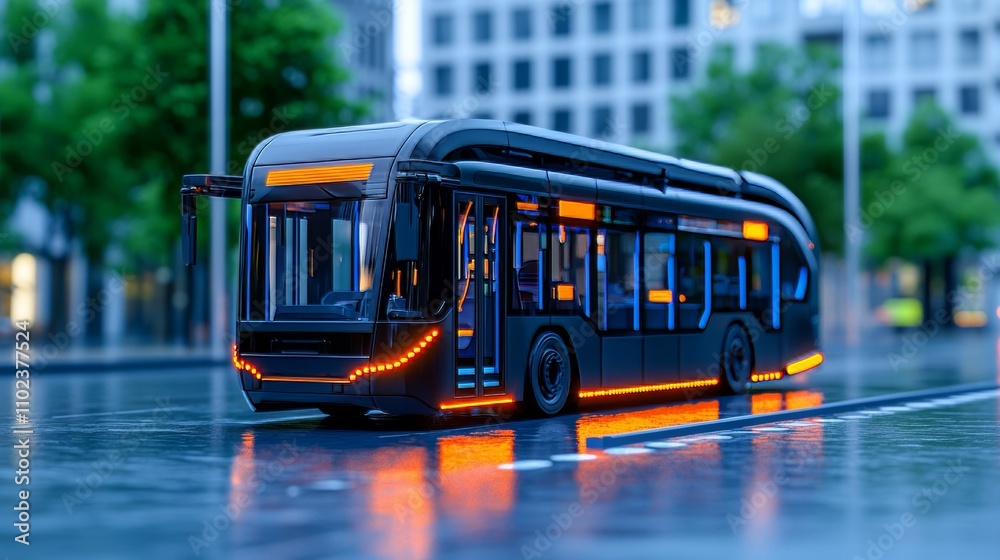 A cutting-edge electric bus, with its sleek and modern design, cruises through the city streets, casting a futuristic glow on the urban landscape. This striking scene symbolizes the potential of A cutting-edge electric bus, with its sleek and modern design, cruises through the city streets, casting a futuristic glow on the urban landscape. This striking scene symbolizes the potential of