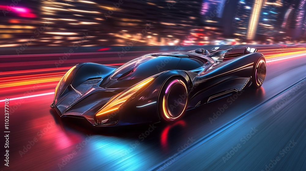 Futuristic sports car speeding through a vibrant, urban city night scene. Futuristic sports car speeding through a vibrant, urban city night scene.