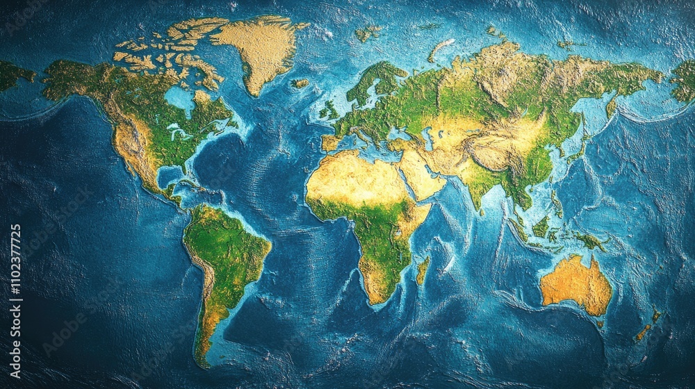 A detailed 3D relief map of the world showcasing diverse landscapes and topography.