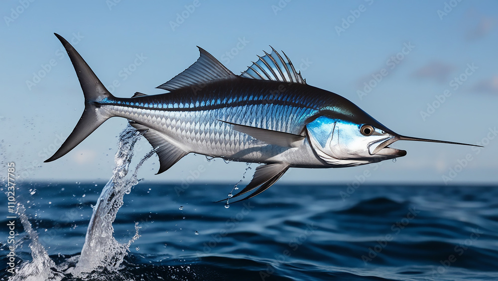 Naklejka premium Capture the dynamic motion of a sailfish as it leaps out of the ocean, its dorsal fin fully extended and shimmering in the sunlight. Focus on the vibrant blue and silver scales of the fish, with water