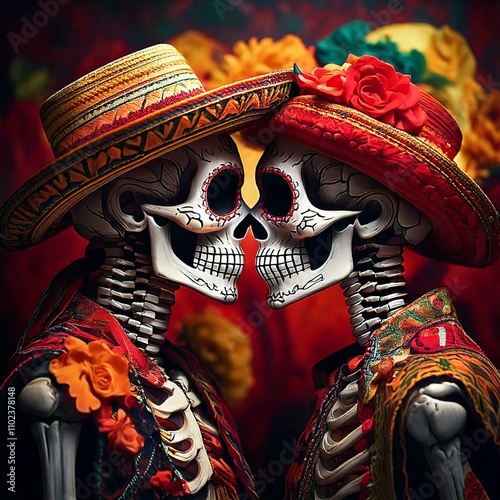 two skeletons kissing each other side profile full body with each skeleton