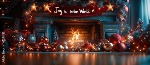 Christmas fireplace with decorations and a banner reading "Joy to the World" with a glowing fire.