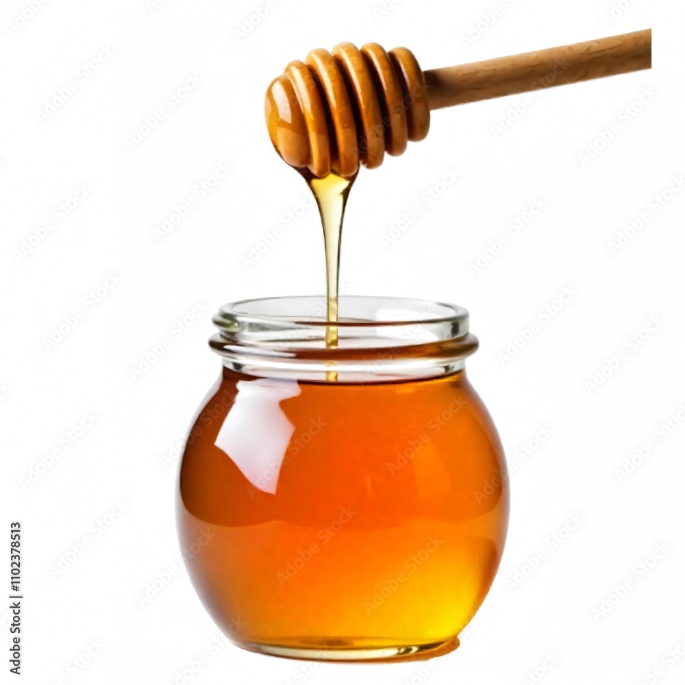 a jar of honey has a wooden spoon in it.