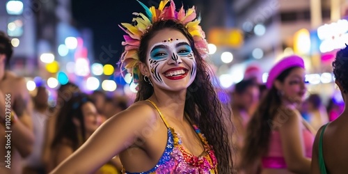 Happy woman with skull face paint at a vibrant night parade.