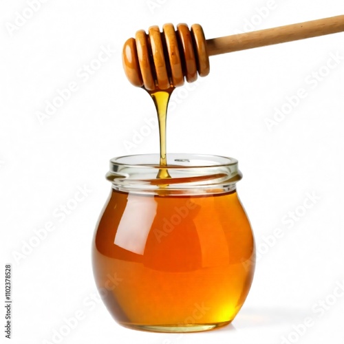 a jar of honey has a wooden spoon in it.