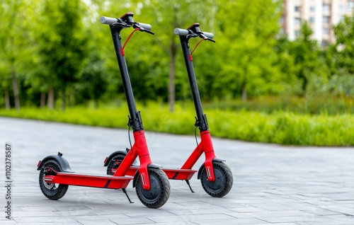 City-based electric kick scooters for hire, showcasing contemporary urban mobility and technological advancements. photo