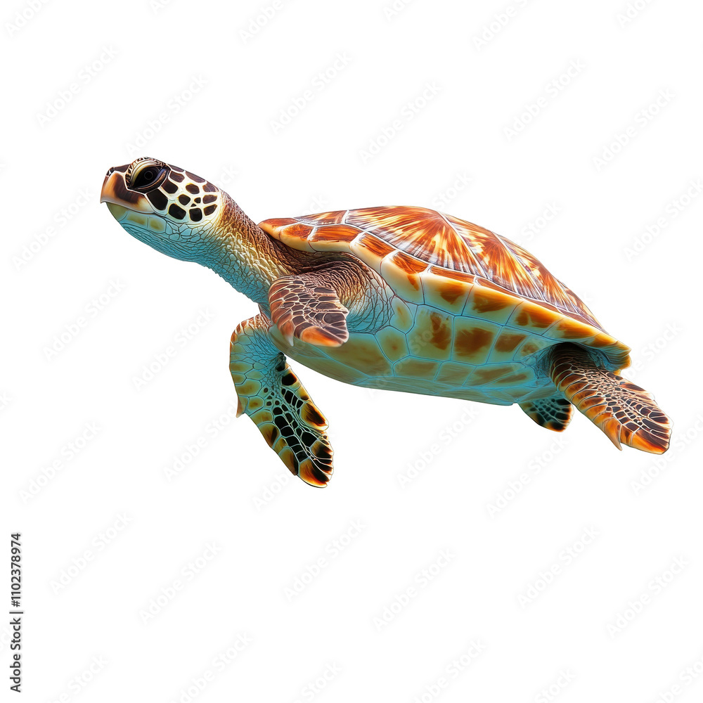 Fototapeta premium Colorful sea turtle swimming in clear water. transparent background