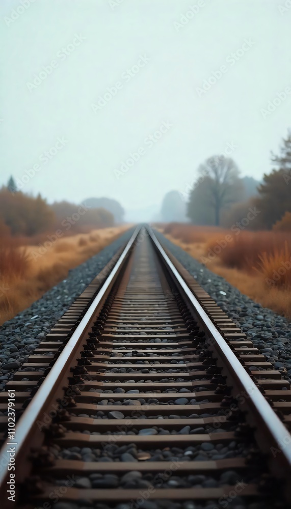 Steel rails stretch towards the distant horizon, promising a journey through the serene countryside Steel rails stretch towards the distant horizon, promising a journey through the serene countryside