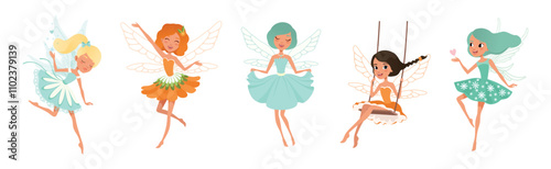 Cute Fairy Girl Flying with Light Wings in Pretty Dress Vector Set