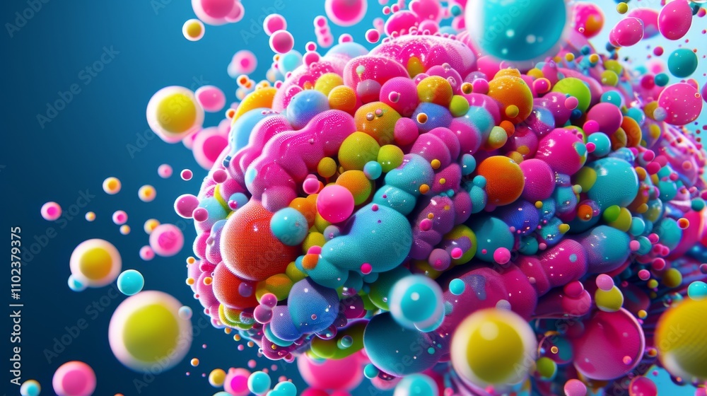 A complex, colorful 3D cluster of bubbles arranged in an abstract form. The vibrant colors and digital patterns create a visually appealing, playful design. AI generated. A complex, colorful 3D cluster of bubbles arranged in an abstract form. The vibrant colors and digital patterns create a visually appealing, playful design. AI generated.