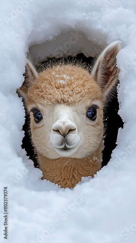 Adorable Alpaca Baby in Snow Hole Winter Wildlife photo