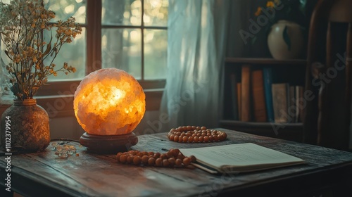 Himalayan salt lamp glowing softly on wooden table. photo