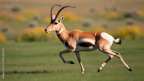  Capture the elegance and speed of a pronghorn antelope as it gallops across a lush green field. Focus on the antelope's slender, muscular body, sharp horns, and agile limbs in full stride. The blurre photo