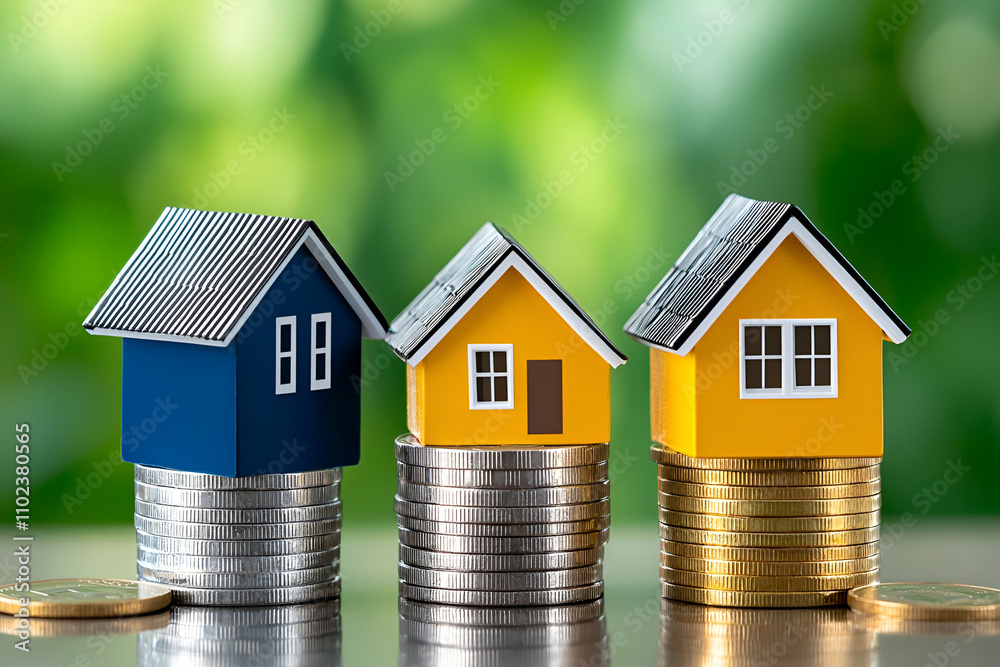 A vibrant image of miniature houses atop stacks of coins, symbolizing real estate investment and financial growth in a green, natural background. A vibrant image of miniature houses atop stacks of coins, symbolizing real estate investment and financial growth in a green, natural background.