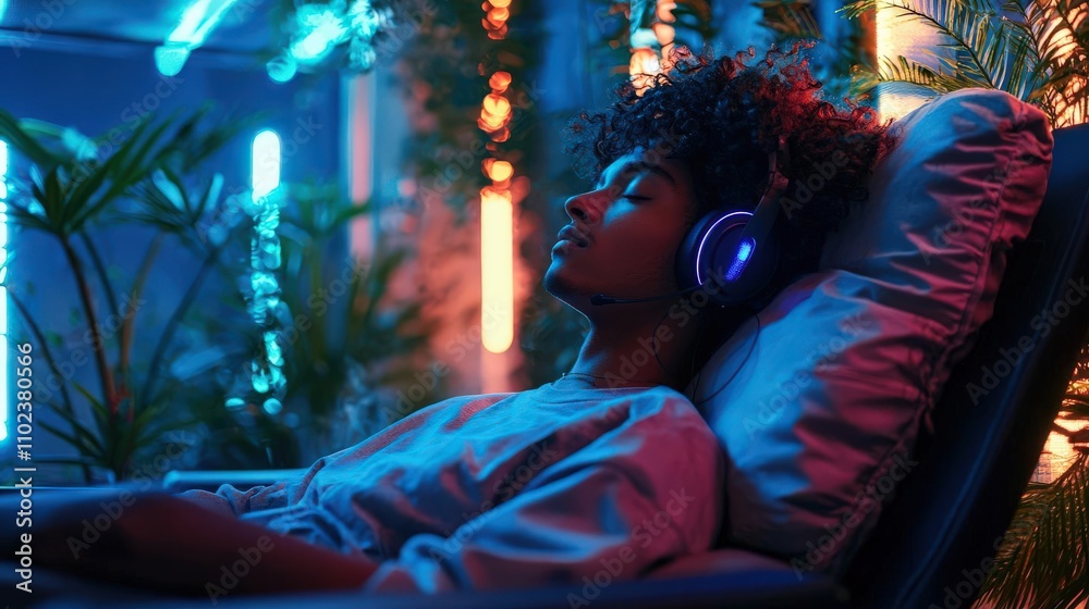 Man relaxing with headphones, neon lights Man relaxing with headphones, neon lights
