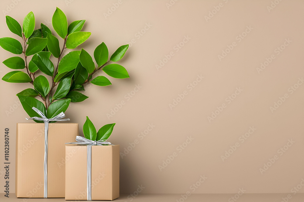 A minimalist arrangement of two gift boxes adorned with silver ribbons, featuring lush green branches, set against a warm beige background. A minimalist arrangement of two gift boxes adorned with silver ribbons, featuring lush green branches, set against a warm beige background.