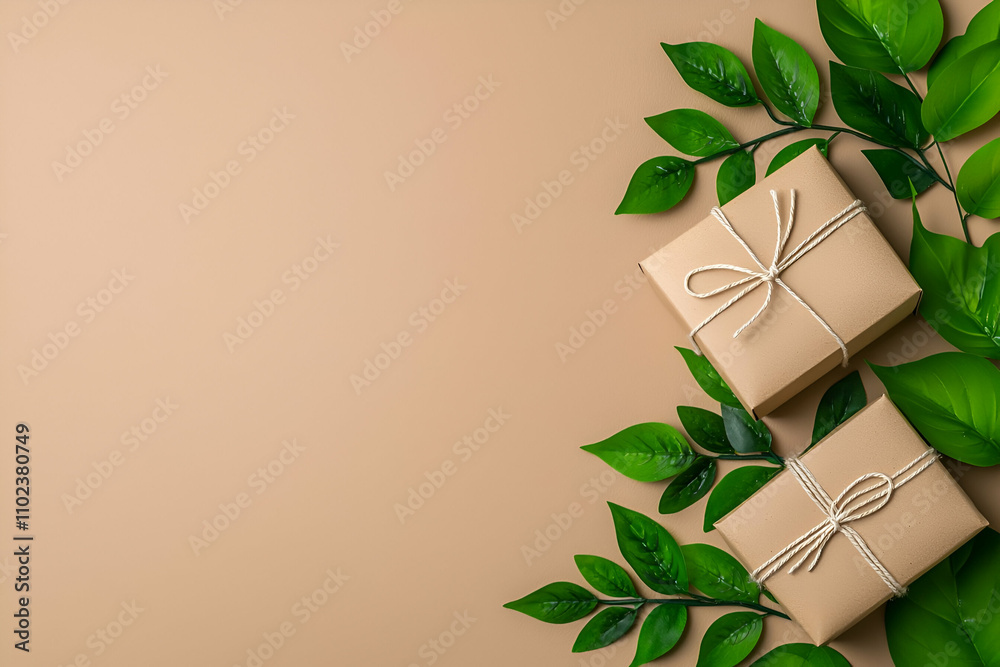 Two wrapped gift boxes surrounded by green leaves on a beige background, creating a fresh and natural gift presentation. Two wrapped gift boxes surrounded by green leaves on a beige background, creating a fresh and natural gift presentation.