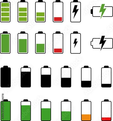 Battery charge level indicator. Battery Icon Set, Flat Battery Icon Illustration. Charge battery level icon.