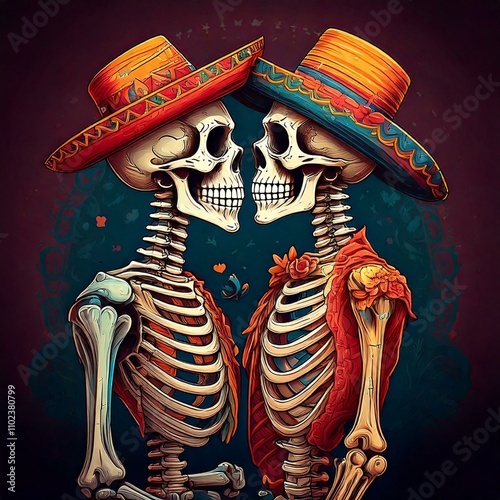 two skeletons kissing each other side profile full body with each skeleton