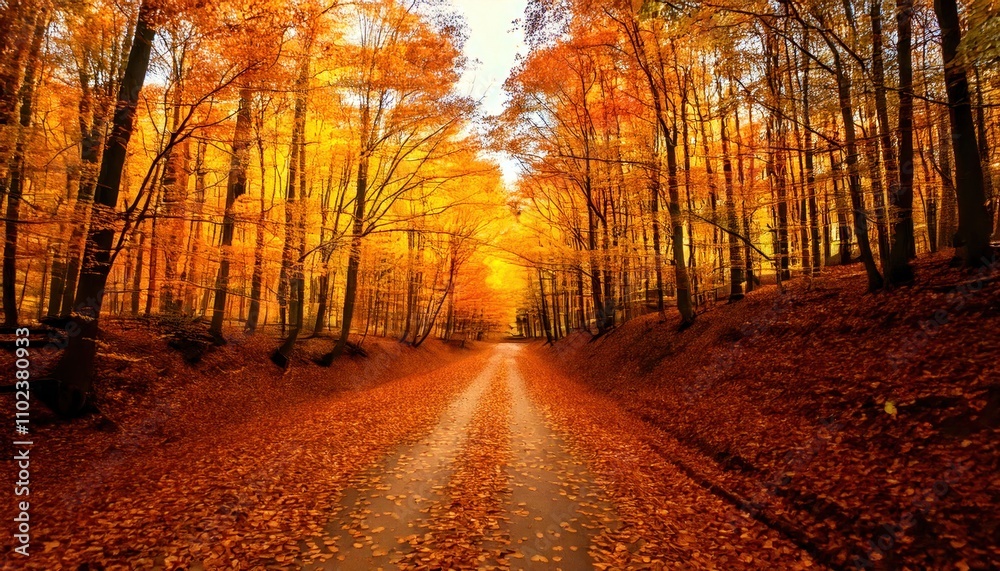 A dirt road through a vibrant forest of autumn trees showcases the beauty of fall leaves A dirt road through a vibrant forest of autumn trees showcases the beauty of fall leaves