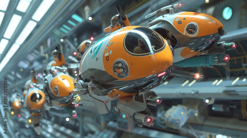 Multiple small, futuristic vehicles with sleek orange and gray designs speed through a high-tech environment, hinting at a futuristic race or mission. AI generated. Multiple small, futuristic vehicles with sleek orange and gray designs speed through a high-tech environment, hinting at a futuristic race or mission. AI generated.