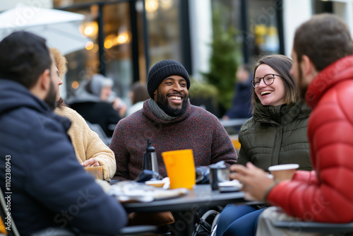 A diverse group of friends sharing laughter and conversation over coffee at an outdoor cafe. The atmosphere is warm and lively, capturing genuine joy and connection.
